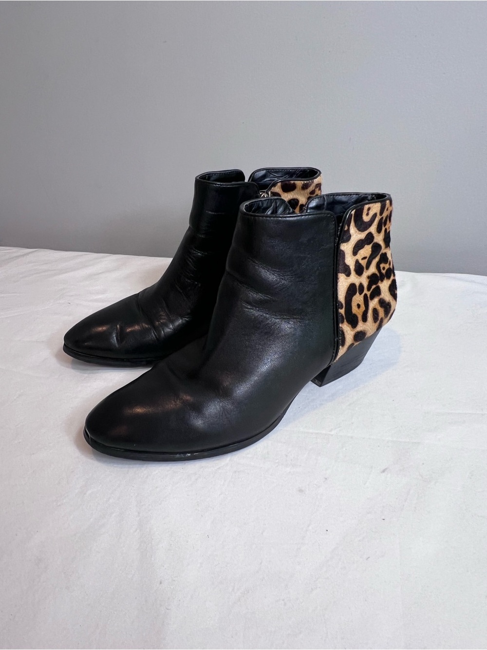 Franco Sarto Quasar black leather ankle boots leopard print calf hair heel 10